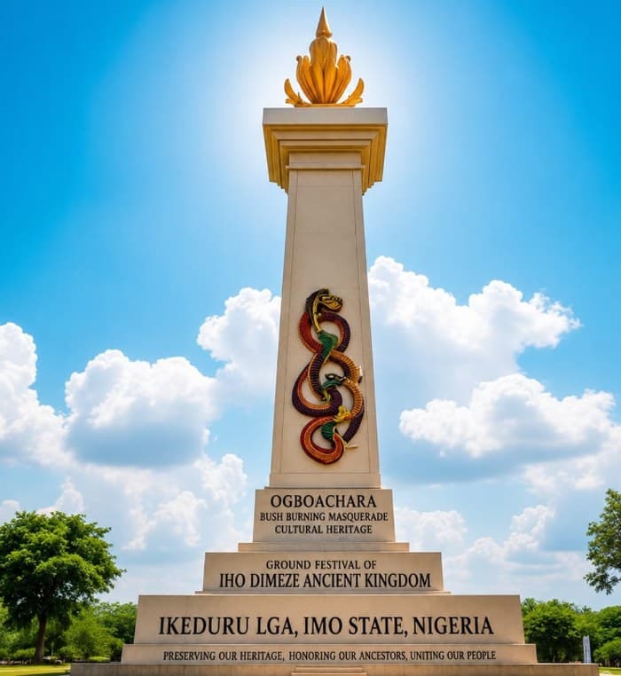 Ogboachara Bush Burning Masquerade cultural heritage monument, Ground Festival of Iho Dimeze Ancient Kingdom, Ikeduru LGA, Imo State, Nigeria